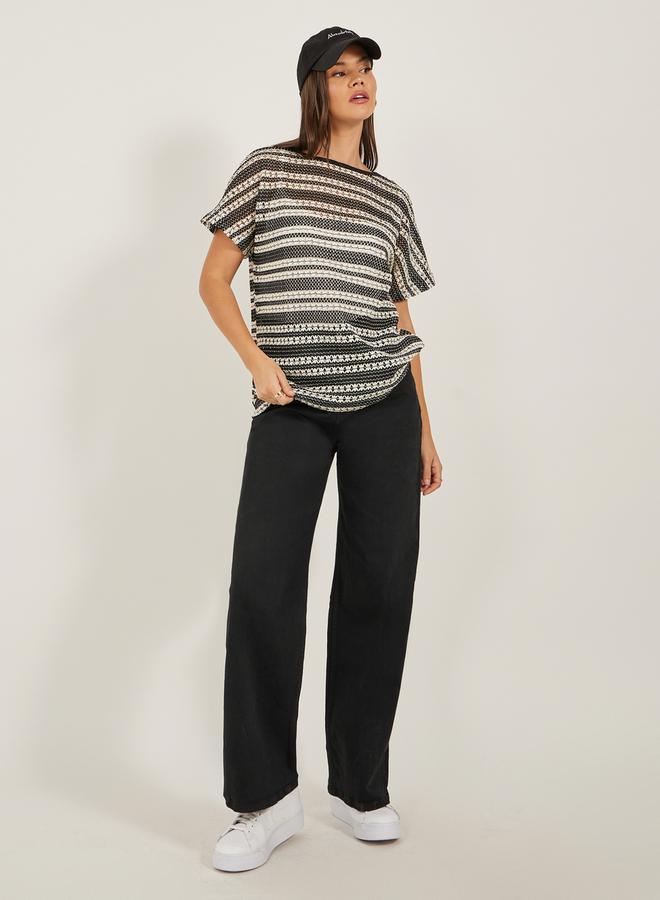 Styli Self Design Boatneck Neck Short Sleeve Boxy Fit Knit T-shirt  - Image 2