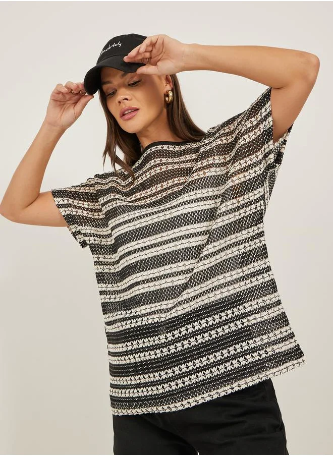 ستايلي Self Design Boatneck Neck Short Sleeve Boxy Fit Knit T-shirt