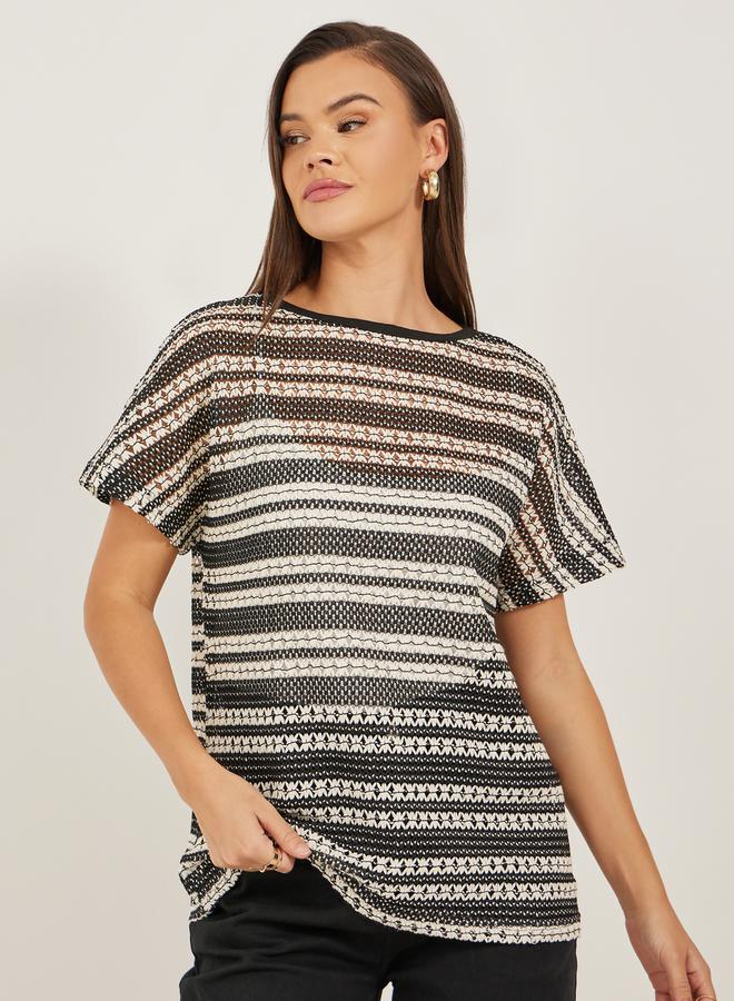Styli Self Design Boatneck Neck Short Sleeve Boxy Fit Knit T-shirt  - Image 3