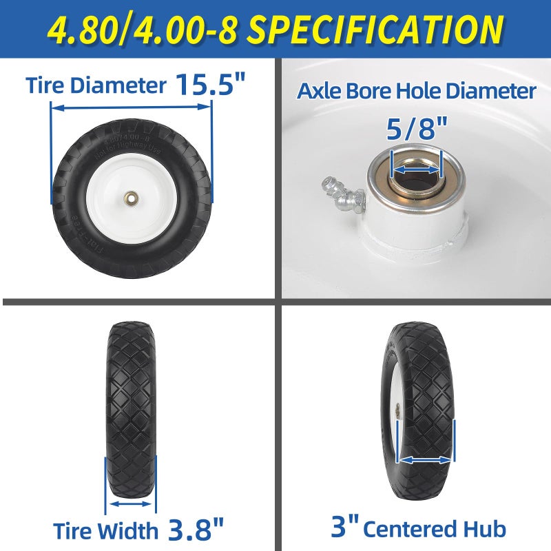 GICOOL 4.80/4.00-8" Wheelbarrow Tire, 16" Flat-Free Solid Tire and Wheel, 3-6" Centered Hub, 5/8" & 3/4" Bearing, For Broadcast Spreader Garden Wagon Cart Trolley Dolly (1 Pack) - Image 2