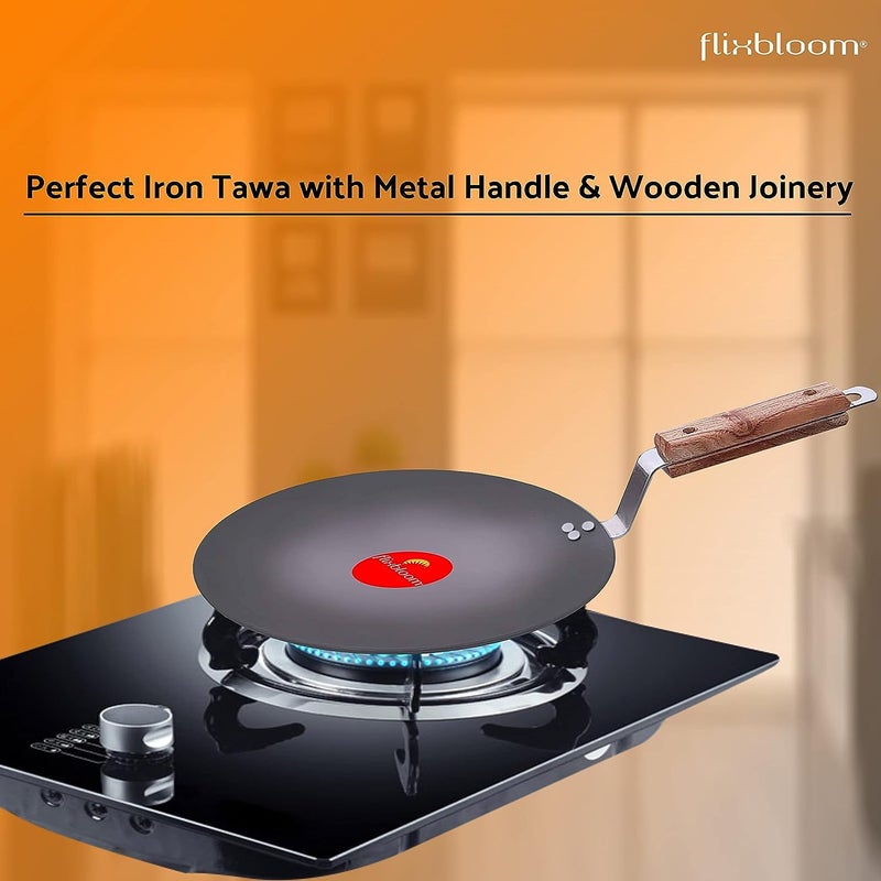 FLIXBLOOM FLIXBLOOM Traditional Kitchen Premium Natural Iron Tawa for Roti Paratha Chapati Concave Iron Tava with Strong Wooden Handle 10 Inch Black - Image 3