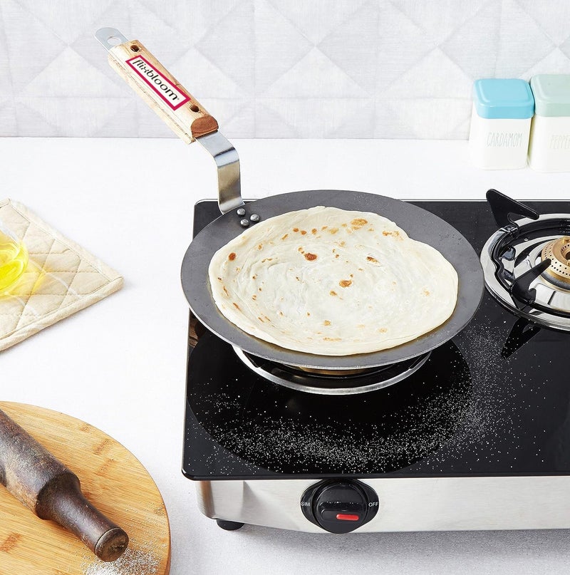 FLIXBLOOM FLIXBLOOM Traditional Kitchen Premium Natural Iron Tawa for Roti Paratha Chapati Concave Iron Tava with Strong Wooden Handle 10 Inch Black - Image 1