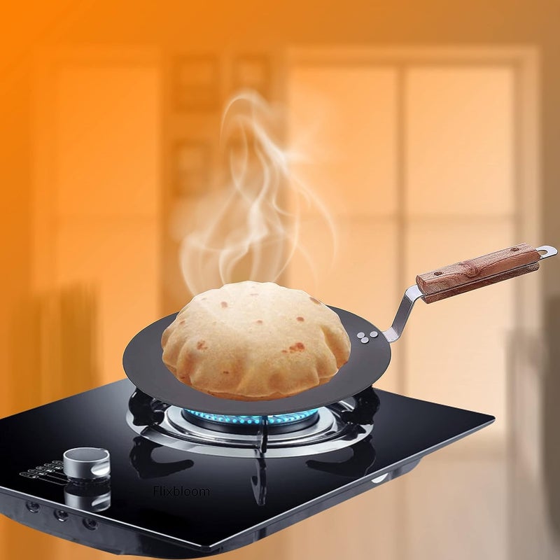 FLIXBLOOM FLIXBLOOM Traditional Kitchen Premium Natural Iron Tawa for Roti Paratha Chapati Concave Iron Tava with Strong Wooden Handle 10 Inch Black - Image 4