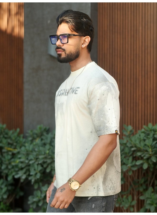 Maniac Maniac Mens Spray Printed Disruptive Round Neck Half Sleeve Cream Cotton T-Shirt  - Image 3