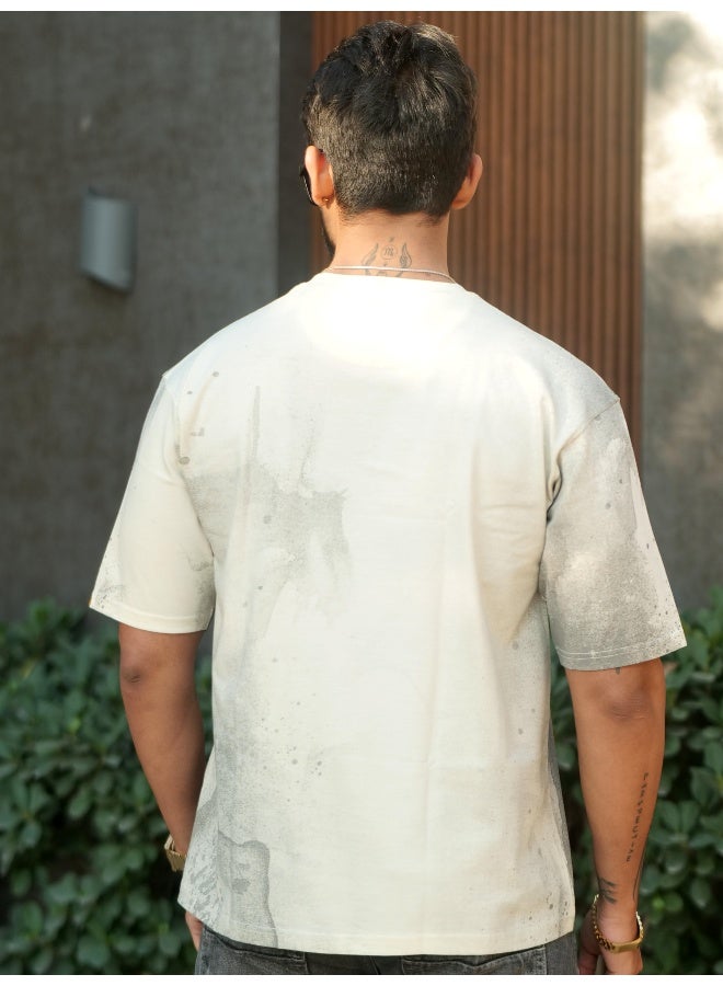 Maniac Maniac Mens Spray Printed Disruptive Round Neck Half Sleeve Cream Cotton T-Shirt  - Image 4