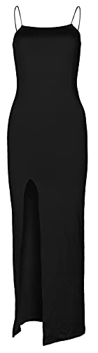 PRIMODA Women's Spaghetti Strap Bodycon Maxi Dress Long Formal Thigh-high Slit Club Wedding Guest Dress(Black M) - Image 3