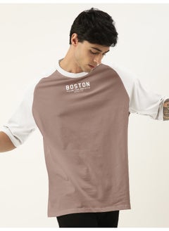 Maniac Mens Printed Round Neck raglan 3/4th Sleeve Dusty Pink and White Cotton Oversized Tshirt  - Image 1