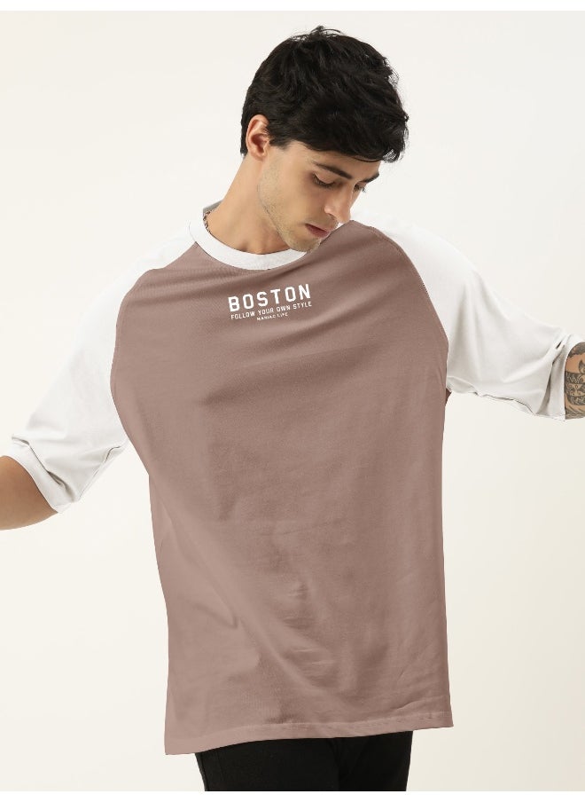 Maniac Mens Printed Round Neck raglan 3/4th Sleeve Dusty Pink and White Cotton Oversized Tshirt  - Image 1