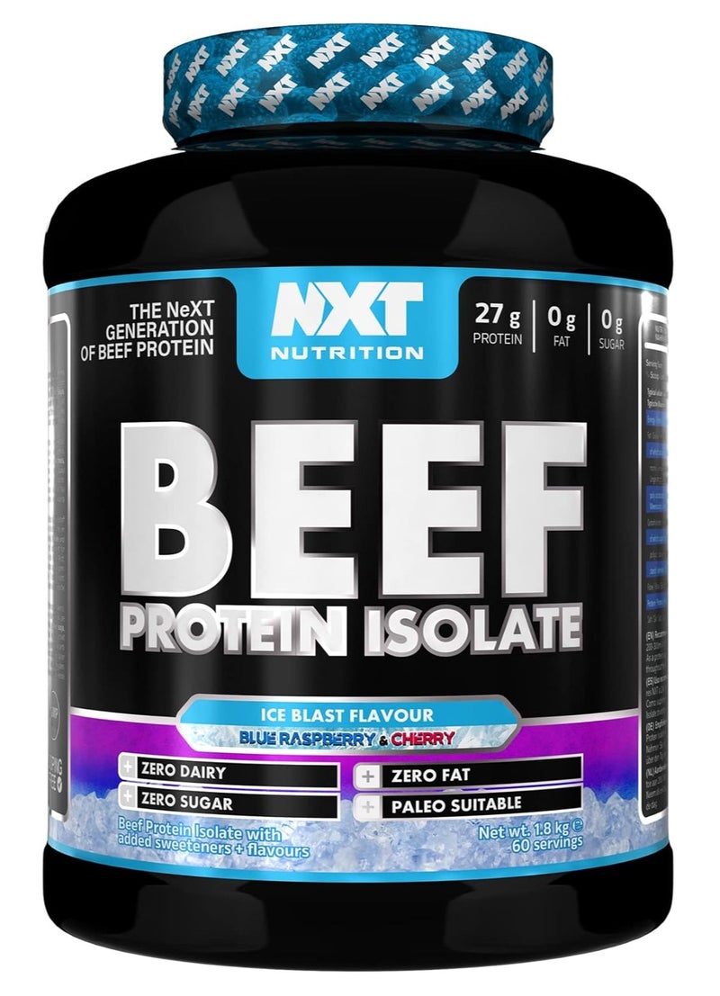 NXT Nutrition Beef Protein Isolate Ice Blast Blue Raspberry & Cherry Flavour 1.8kg | 27g Protein Per Serving | Zero Sugar | Zero Fat | Dairy Free | Paleo Friendly | High Protein Muscle Recovery Supplement | 60 Servings - Image 1
