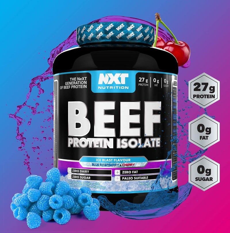 NXT Nutrition Beef Protein Isolate Ice Blast Blue Raspberry & Cherry Flavour 1.8kg | 27g Protein Per Serving | Zero Sugar | Zero Fat | Dairy Free | Paleo Friendly | High Protein Muscle Recovery Supplement | 60 Servings - Image 2