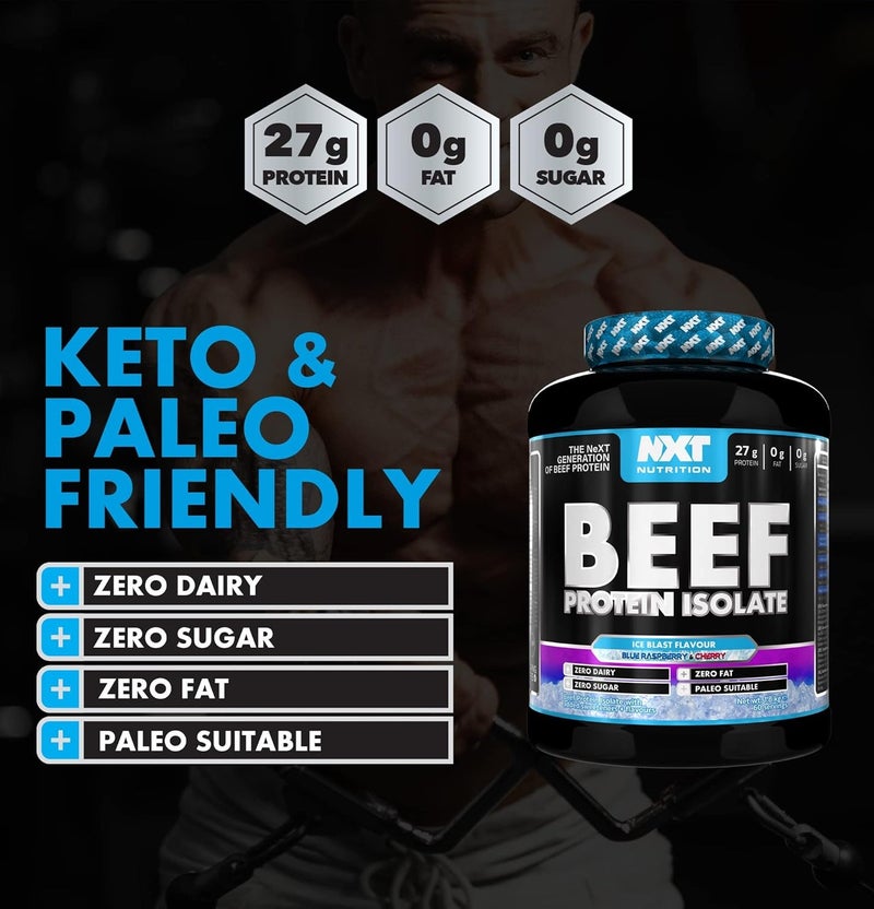 NXT Nutrition Beef Protein Isolate Ice Blast Blue Raspberry & Cherry Flavour 1.8kg | 27g Protein Per Serving | Zero Sugar | Zero Fat | Dairy Free | Paleo Friendly | High Protein Muscle Recovery Supplement | 60 Servings - Image 3