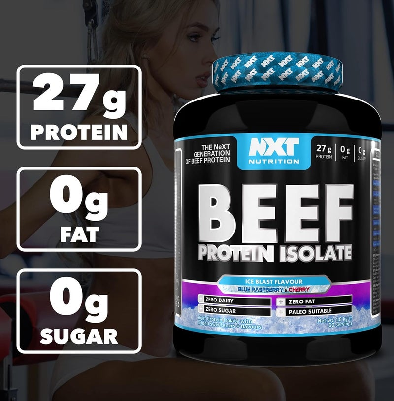 NXT Nutrition Beef Protein Isolate Ice Blast Blue Raspberry & Cherry Flavour 1.8kg | 27g Protein Per Serving | Zero Sugar | Zero Fat | Dairy Free | Paleo Friendly | High Protein Muscle Recovery Supplement | 60 Servings - Image 4