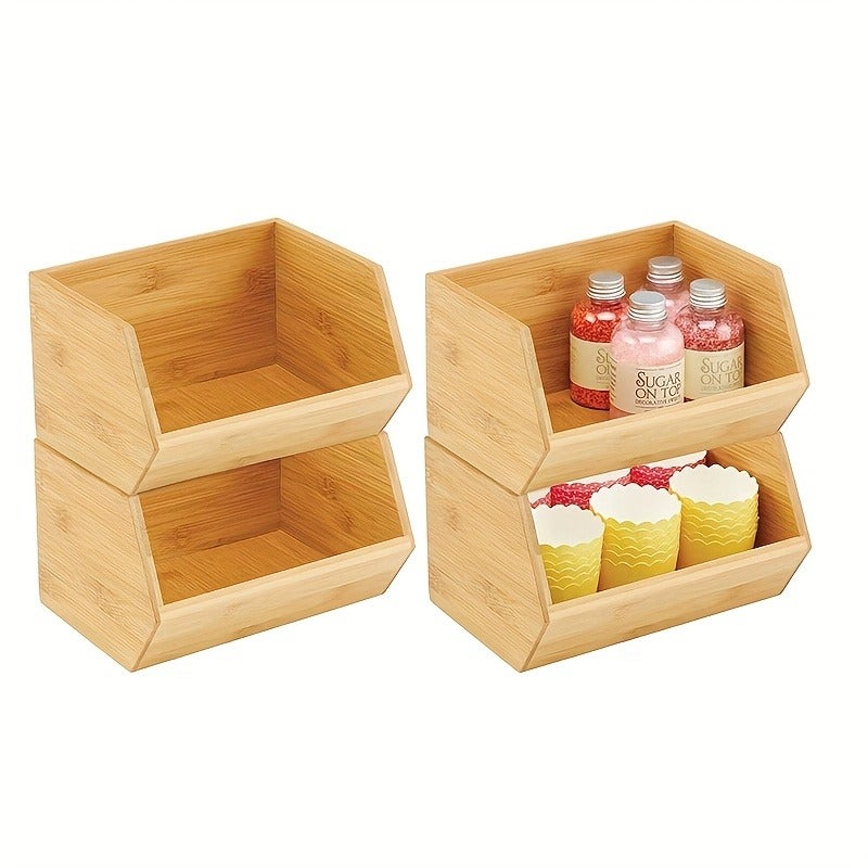 1pc Bamboo Storage Box, Stackable Organizer, Kitchen Storage Box, Desktop Organizer, Storage Bin, Natural Wood End, Suitable for Organizing Office And Bedroom Clutter, a Great Helper for Home Storage for - Image 2