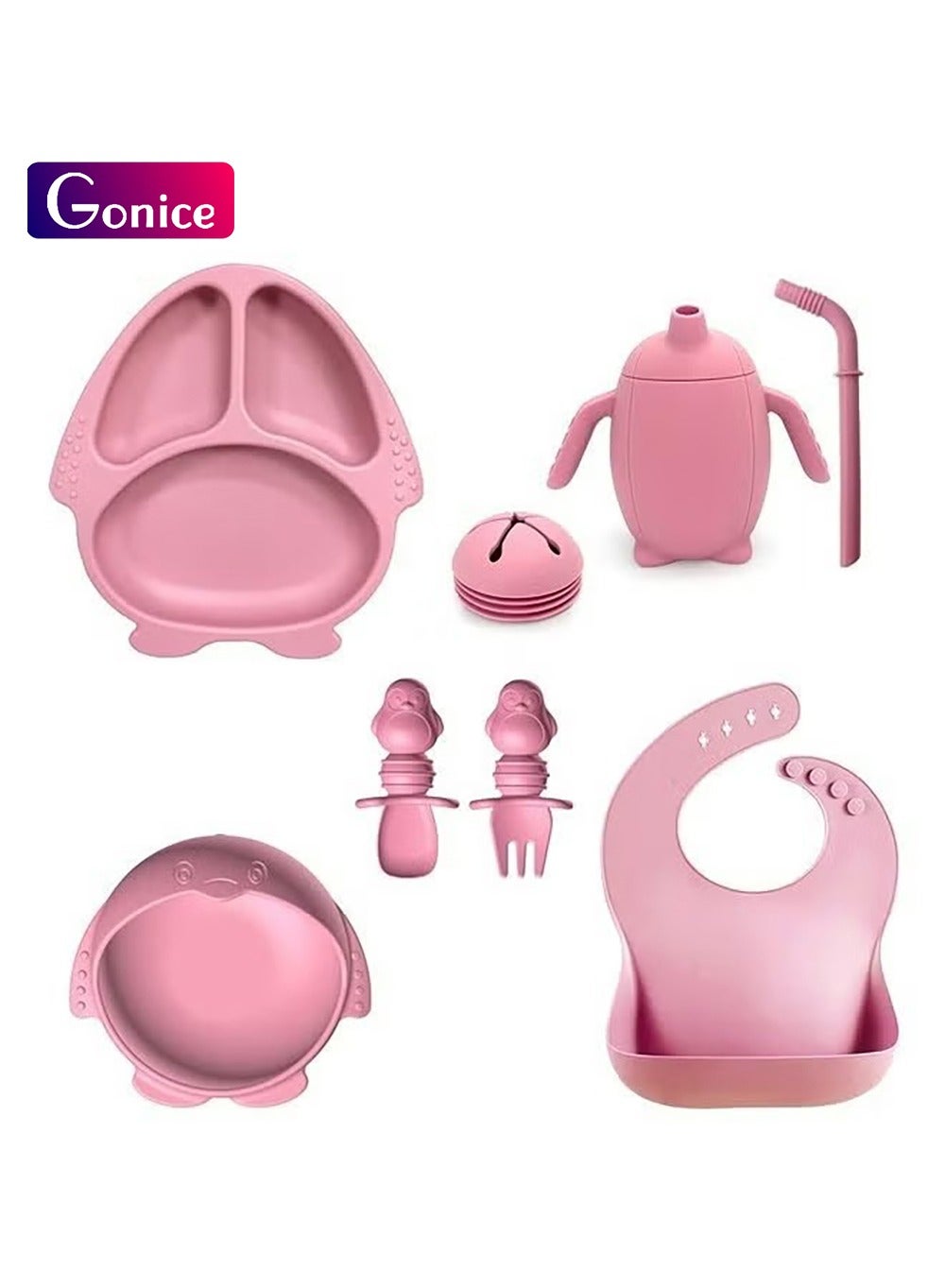 Gonice 9 PCS Baby Weaning Tableware Easy to Clean Dark Pink with Suction Cup Divider Tray Adjustable Bib Soft Spoon Fork Drinking Cup Baby Plate Suitable for Babies 0-6 Months