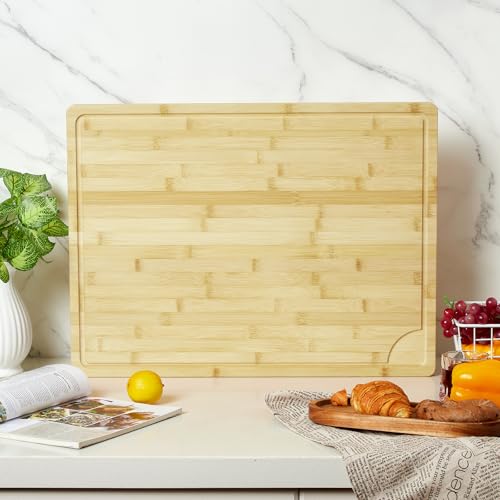 PeacefulHues 24"X18" Bamboo Cutting Boards for Kitchen, Extra Large Wood Cutting Board with Deep Juice Groove & Handle - Image 3
