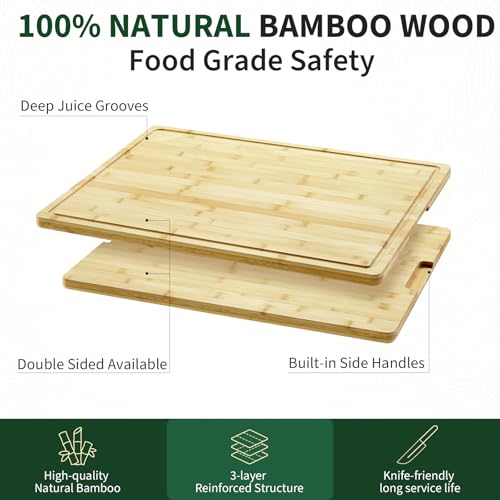 PeacefulHues 24"X18" Bamboo Cutting Boards for Kitchen, Extra Large Wood Cutting Board with Deep Juice Groove & Handle - Image 5
