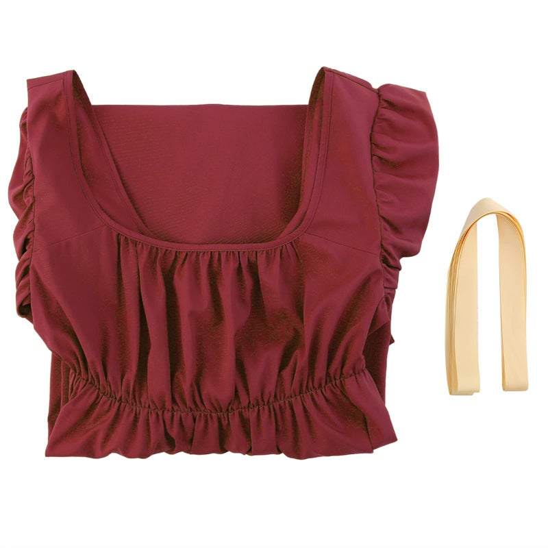 HEQU Regency Dresses for Women with Satin Sash Ruffle Empire Waist Dress Gown (M, Dark Red) - Image 3