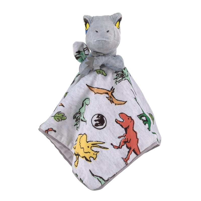 NoJo Welcome to The Universe Baby Jurassic World Grey Green Orange and Yellow Grey Plush Dinosaur Raptor Security Baby Blanket - Image 1