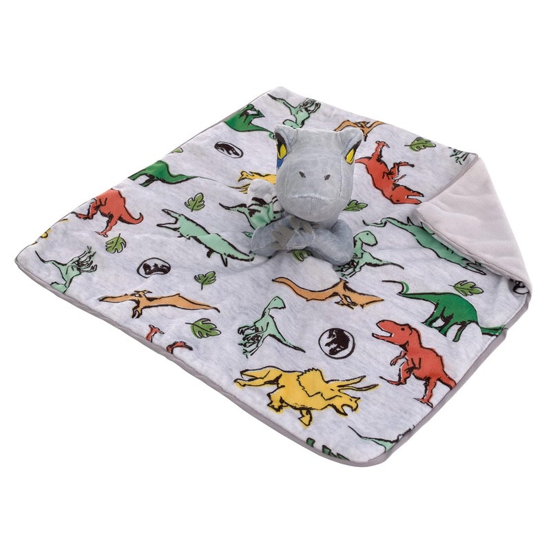 NoJo Welcome to The Universe Baby Jurassic World Grey Green Orange and Yellow Grey Plush Dinosaur Raptor Security Baby Blanket - Image 5