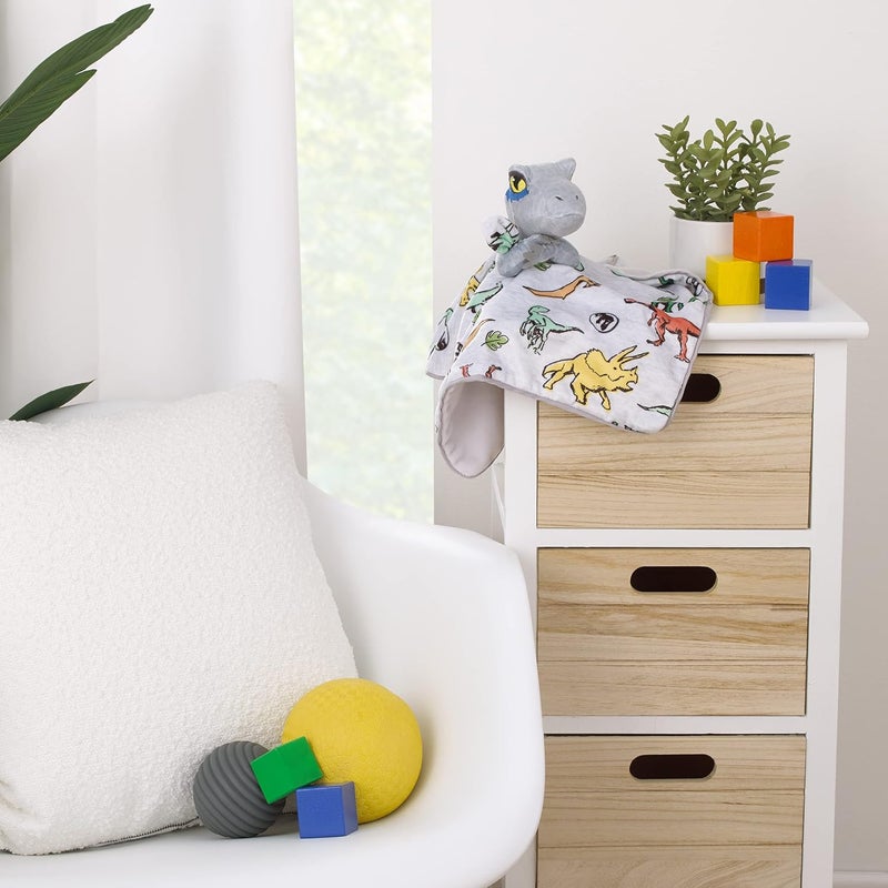 NoJo Welcome to The Universe Baby Jurassic World Grey Green Orange and Yellow Grey Plush Dinosaur Raptor Security Baby Blanket - Image 2