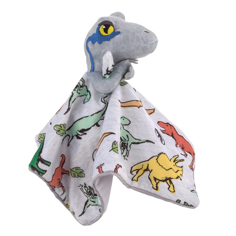 NoJo Welcome to The Universe Baby Jurassic World Grey Green Orange and Yellow Grey Plush Dinosaur Raptor Security Baby Blanket - Image 4