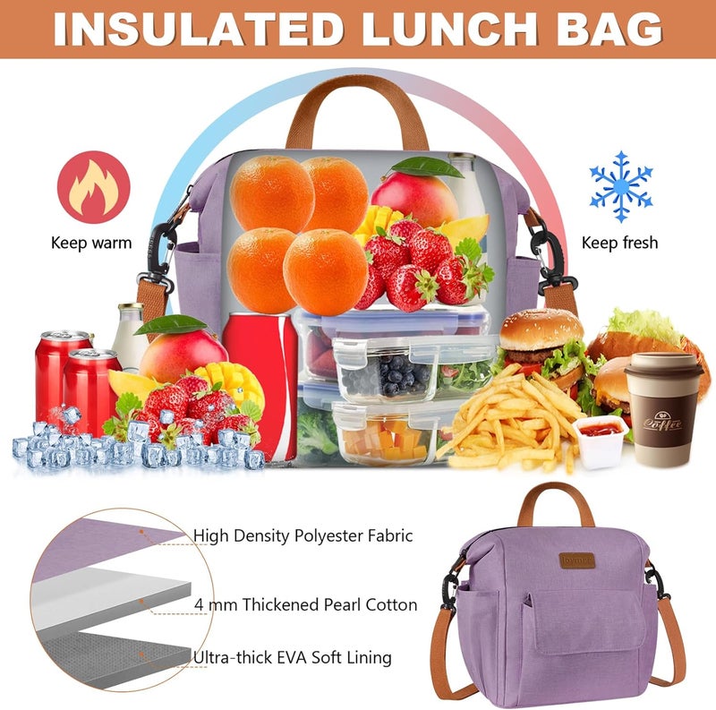 Joymee Lunch Bag Women Insulated Lunch Box Reusable Leakproof Large Spacious Cooler Tote for Women Men Adult with Bottle Holder and Side Pockets for Work Office Travel Picnic -08 Purple - Image 3