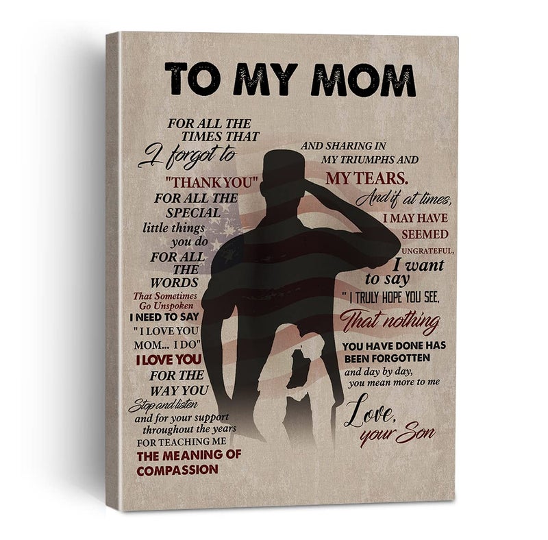 Military Army Son to My Mom Thank You Canvas Painting Framed Wall Art Decor for Home Bedroom Army Mom Canvas Poster Print Present from Soldier for Birthday Mothers Day Christmas