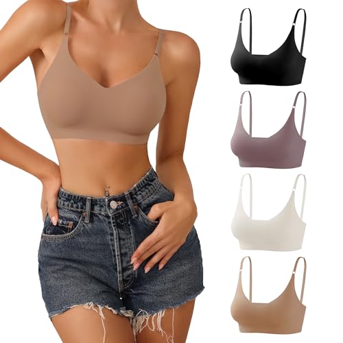 DEANGELMON 4 Pieces V Neck Bralettes Padded Seamless Adjustable Straps Bra Everyday Basic Sleeping Bras (4P3,XL) - Image 1