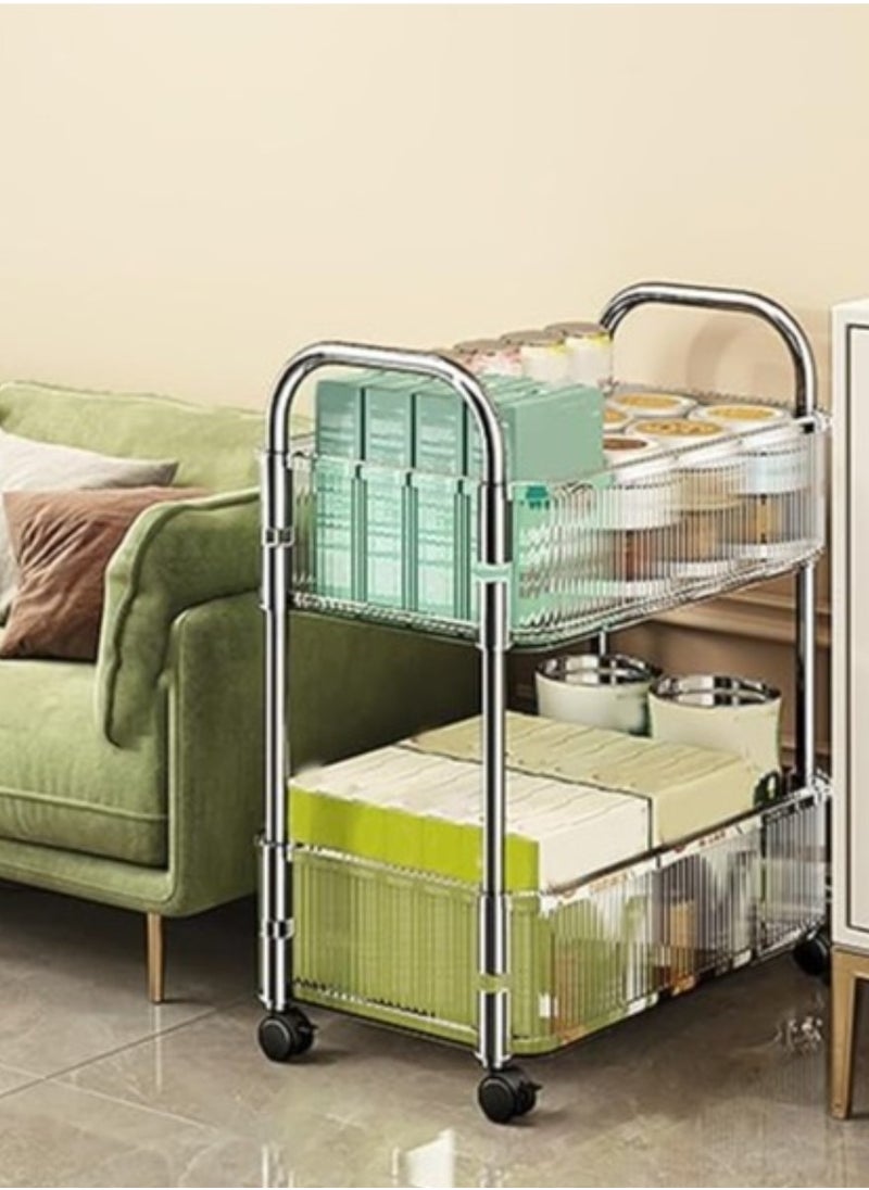 PENG GENERAL 2-Tier Acrylic Storage Rolling Cart Clear Bathroom Cart Organizer with 2 Hanging Baskets, Trolley Organizer with Lockable Wheels for Office Kitchen Laundry Room  - Image 1