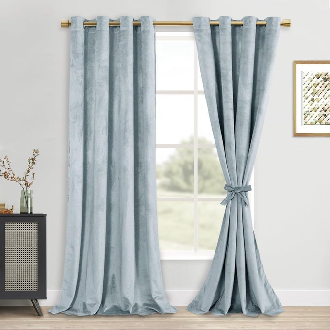 STONE BLUE VELVET CURTAINS 84 INCHES LONG SUPER SOFT LUXURY TIEABLE WINDOW TREATMENTS ROOM DARKENING PRIVACY PROTECT BLACKOUT DRAPES FOR BEDROOM LIVING ROOM HOME DECOR W52 X L84 2 PANELS