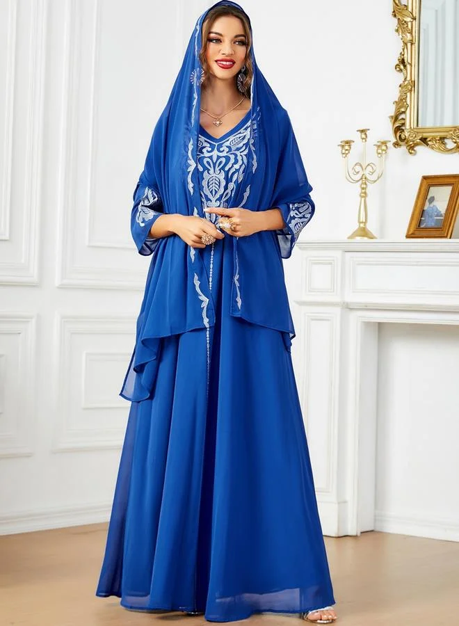 Take Two Women Embroidered V Neck Jalabiya with Hijab