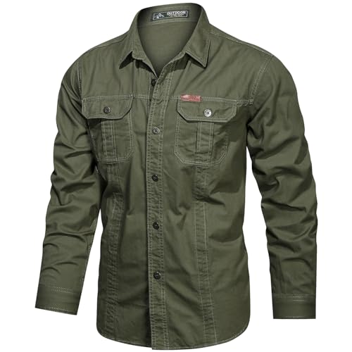 Gihuo Long Sleeve Work Shirts for Men Button Down Shirt Men Cotton Cargo Tactical Shirt for Fishing SafariArmyL - Image 1