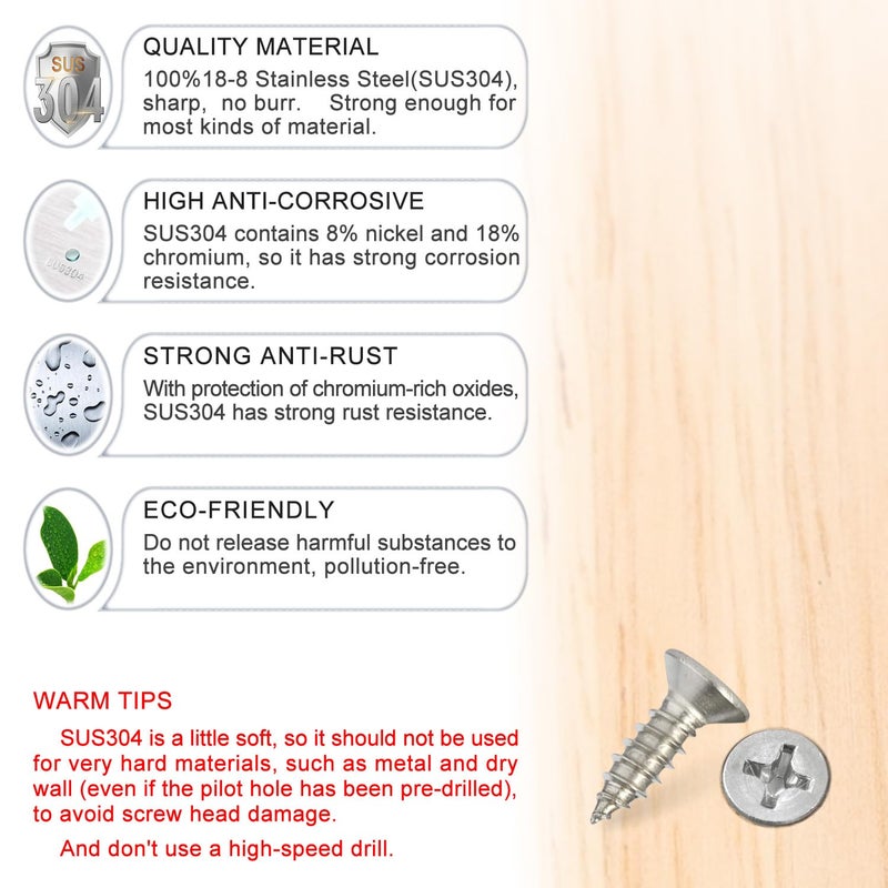 Kinder Wood Screws - 120PCS Flat Head Phillips Screws, 304 Stainless Steel Screw with Adjustable Wood Countersink Kit (#6 x 1/2") - Image 2
