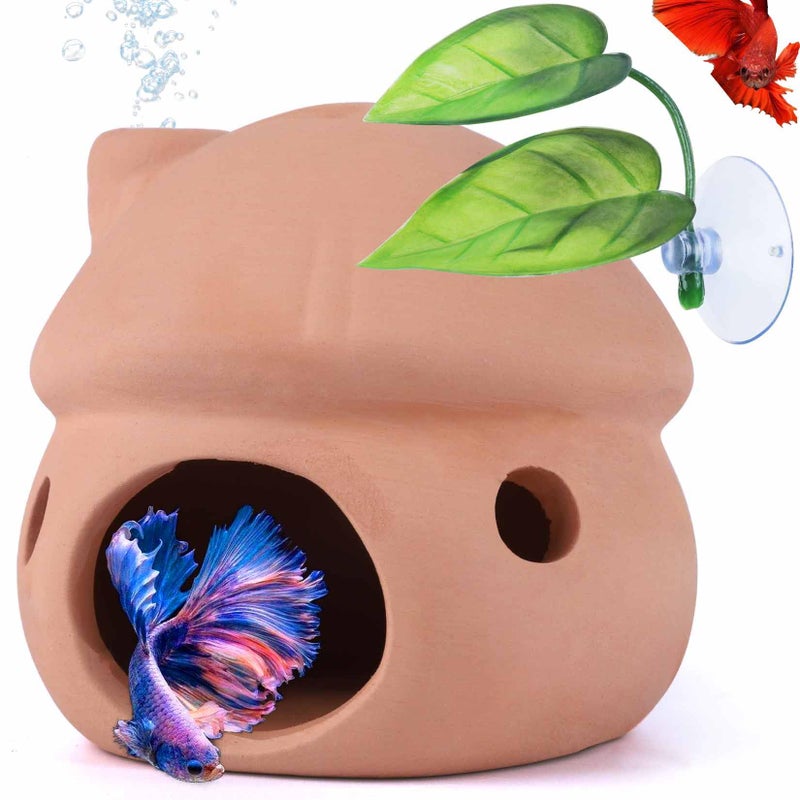 HouseUp Betta Fish Tank Accessories,Pleco Caves for Aquarium,Fish Aquarium Decoration,Smalland Shrimp Breeding Cave Don't Contain Paint,Natural Ceramics Mushroom House - Image 1