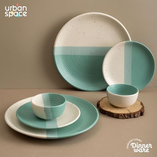 Urban Space Handmade 6 Piece Ceramic Dinner Set, 2 Pcs Dinner Plates (10 Inch), 2 Pcs Katori Bowls (200 ml) and 2 Pcs Quarter Plates (7 Inch), Microwave & Dishwasher Safe (Set of 6, Green Pearl) - Image 2