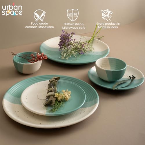 Urban Space Handmade 6 Piece Ceramic Dinner Set, 2 Pcs Dinner Plates (10 Inch), 2 Pcs Katori Bowls (200 ml) and 2 Pcs Quarter Plates (7 Inch), Microwave & Dishwasher Safe (Set of 6, Green Pearl) - Image 3