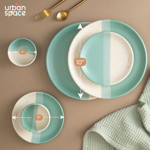 Urban Space Handmade 6 Piece Ceramic Dinner Set, 2 Pcs Dinner Plates (10 Inch), 2 Pcs Katori Bowls (200 ml) and 2 Pcs Quarter Plates (7 Inch), Microwave & Dishwasher Safe (Set of 6, Green Pearl) - Image 4