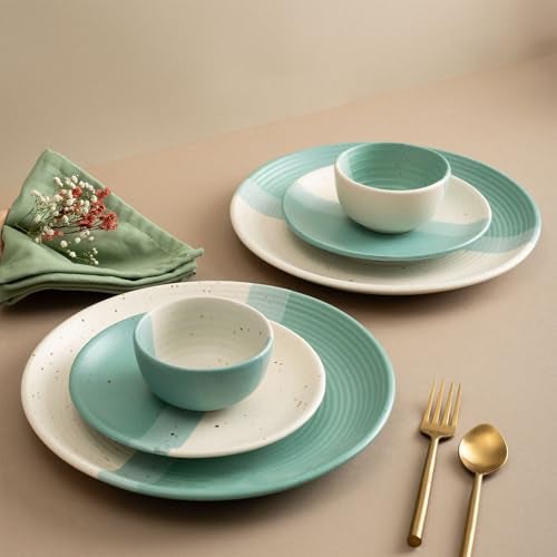 Urban Space Handmade 6 Piece Ceramic Dinner Set, 2 Pcs Dinner Plates (10 Inch), 2 Pcs Katori Bowls (200 ml) and 2 Pcs Quarter Plates (7 Inch), Microwave & Dishwasher Safe (Set of 6, Green Pearl) - Image 1