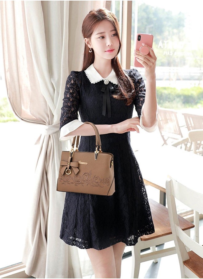 DUNISO - Women's handbag, PU leather shoulder bag, large capacity crossbody bag, with detachable shoulder strap and top handle, embroidered design and bow decoration, suitable for shopping, work, dating, travel - Image 1
