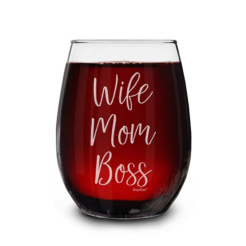 Shop4Ever shop4ever Wife Mom Boss Laser Engraved Stemless Wine Glass  Mothers Day Gift for New Mommy Birthday 