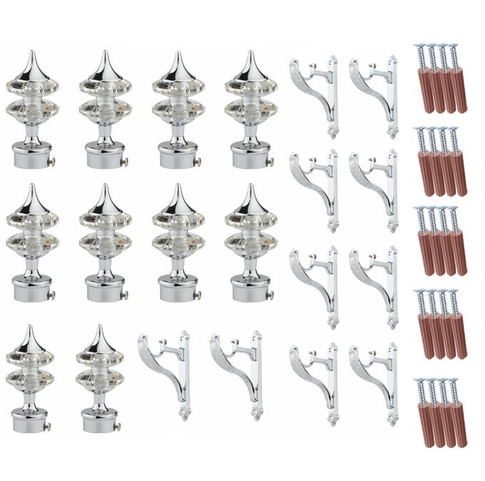 ALUMINIUM DOUBLE DIAMOND CURTAIN BRACKETS PARDA HOLDERS WITH SUPPORT FITTINGS 1 INCH ROD POCKET FINIALS DESIGNER DOOR AND WINDOW SILVER 5 PAIR
