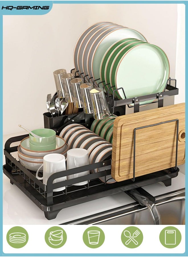 HQ-GAMING Dish Drying Rack 2 Tier Dish Rack Dish Drying Stand with Utensil Holder & Drainboard Tray & Cutting Board Holder, Large Capacity Dish Drainer Collapsible Rust-Resistant Dish Rack for Kitchen (Black)  - Image 1