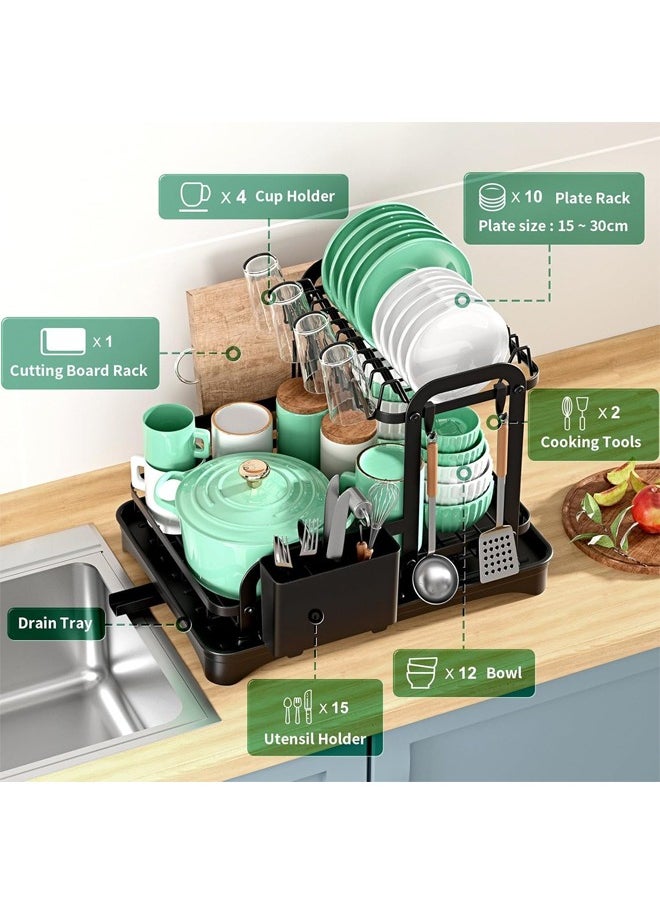 HQ-GAMING Dish Drying Rack 2 Tier Dish Rack Dish Drying Stand with Utensil Holder & Drainboard Tray & Cutting Board Holder, Large Capacity Dish Drainer Collapsible Rust-Resistant Dish Rack for Kitchen (Black)  - Image 3
