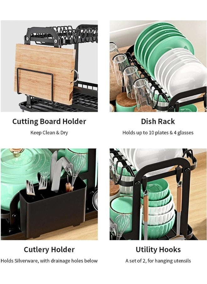 HQ-GAMING Dish Drying Rack 2 Tier Dish Rack Dish Drying Stand with Utensil Holder & Drainboard Tray & Cutting Board Holder, Large Capacity Dish Drainer Collapsible Rust-Resistant Dish Rack for Kitchen (Black)  - Image 4