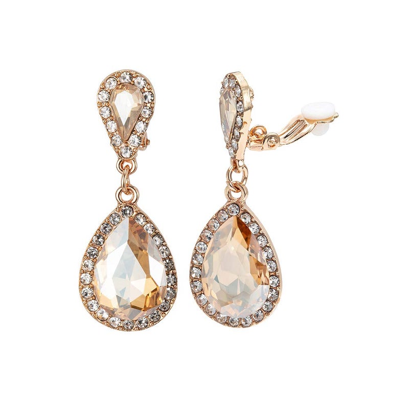 YINLI Classic Austrian Crystal Tear Drop Clip on Dangle Earrings for Women (Champagne) - Image 1