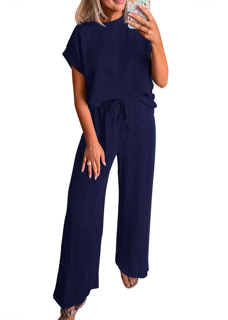 KIRUNDO 2 Piece Sets for Women Dressy Casual Ribbed Knit Short Sleeve Tops Wide Leg Pants Lounge Set Travel Airport Outfits(Navy, Small) - Image 1
