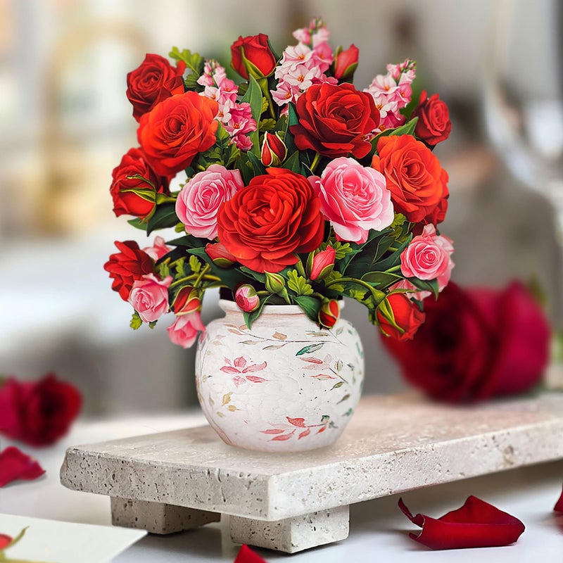 Freshcut Paper Pop Up Cards, Mini Blooming Roses, 6 Inch Mini Sized Forever Flower Bouquet 3D Popup Greeting Cards, Valentine's Day, Anniversary Card, Blank Notecard & Envelope - Image 4