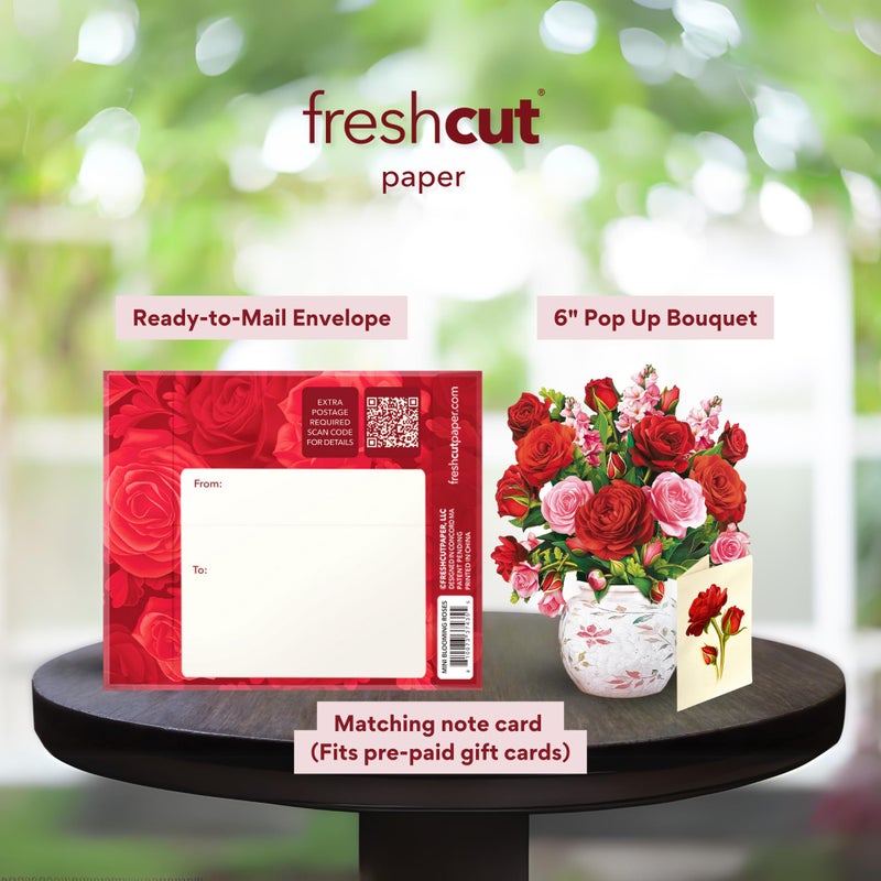 Freshcut Paper Pop Up Cards, Mini Blooming Roses, 6 Inch Mini Sized Forever Flower Bouquet 3D Popup Greeting Cards, Valentine's Day, Anniversary Card, Blank Notecard & Envelope - Image 3