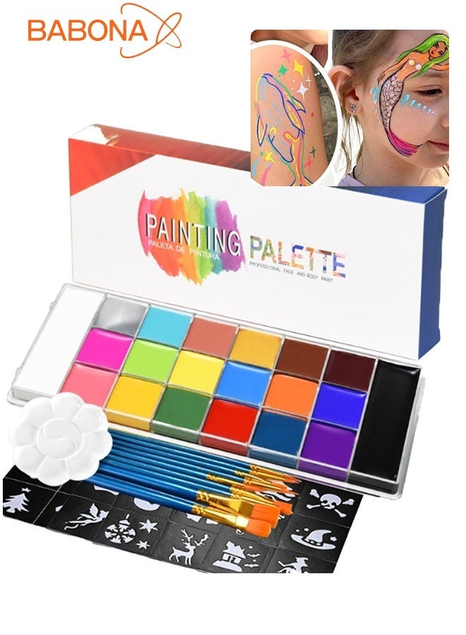 BABONA Face Paint,Professional Face Painting Kit for Kids & Adults - 20 Color Oil-Based Palette with 10 Brushes, 5 Stencils & Tray, for Birthday Parties, Costume & School Events, Non-Toxic & Easy Wash Off - Image 1