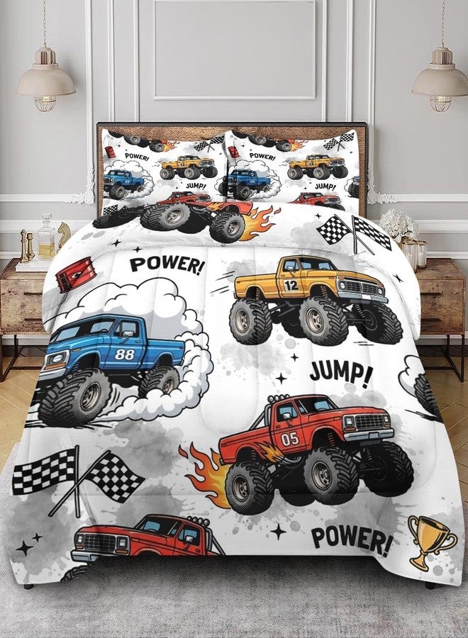 Nesphy Trucks Car Race Comforter Set for Boys Kids Toddlers Teens Adults Full, Cool Vehicle Wheel Bedding Sets Water Washed Microfiber Bedding with 1 Comforter 2 Pillowcase All Season - Image 1